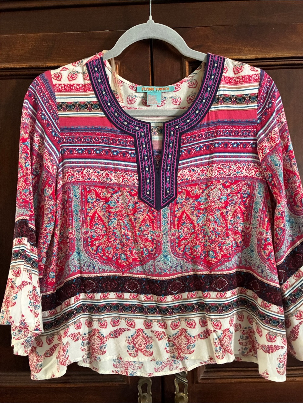 Flying Tomato Multi‑colored, Boho Printed Tunic with Embroidered Yoke.
